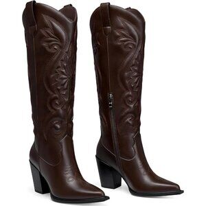 Women's Brown Pointed Toe Trendy Knee High Chunky Heels Embroidered Cowgirl Boot